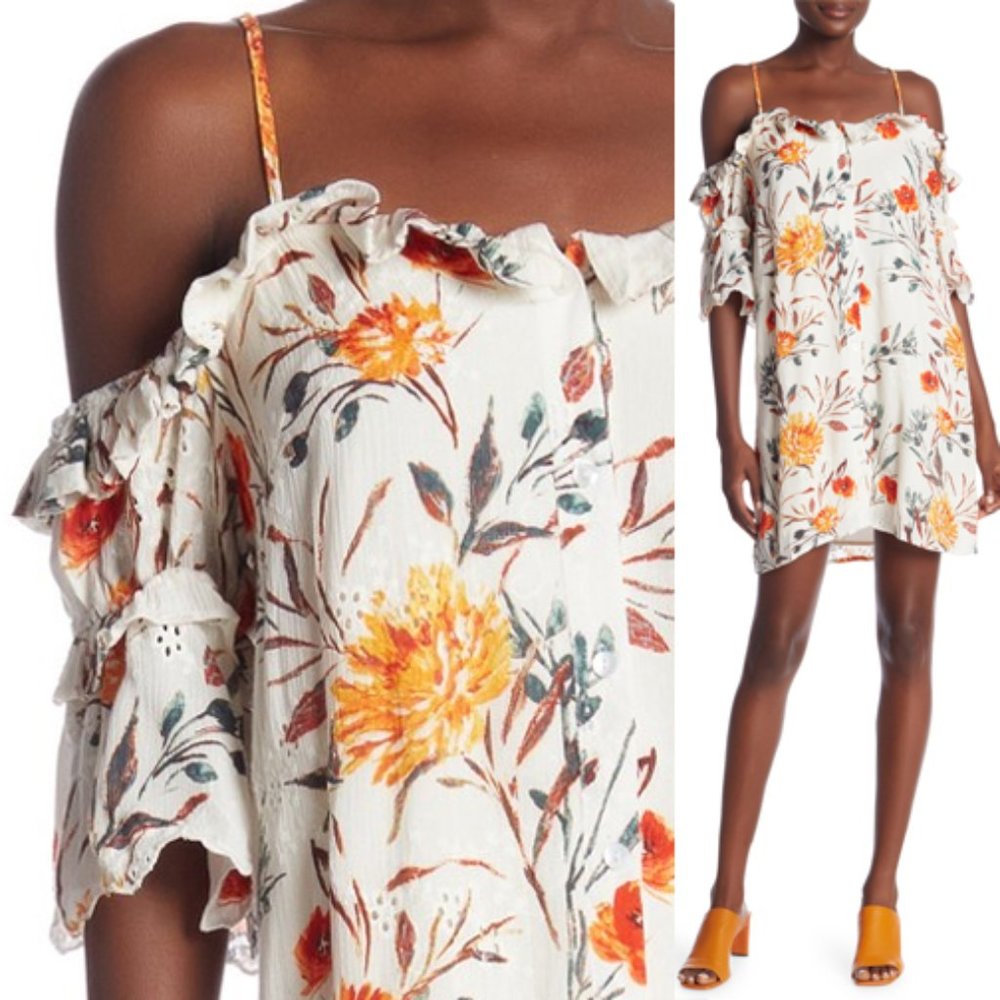 Eyelet Floral Cold Shoulder Ruffle Button Up Dress - Picture 8 of 9